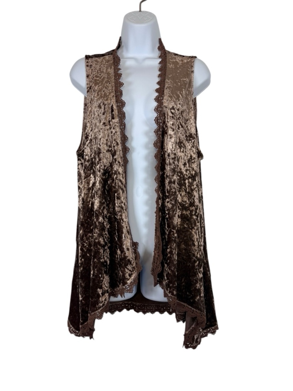 Listicle Crushed Velvet Lace Trim Vest Cardigan Brown Sleeveless Boho Duster SzL